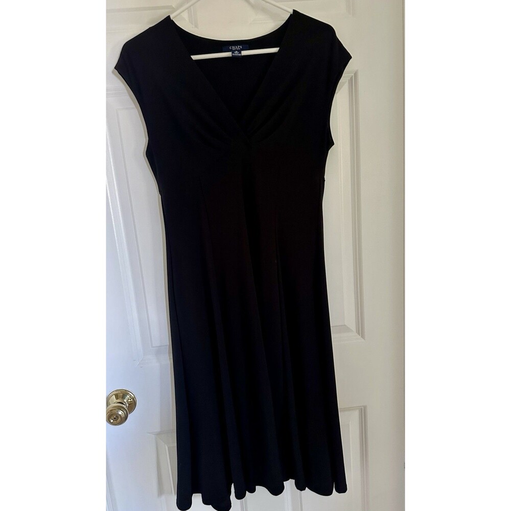 Chaps Black Pullover Midi Dress Cap Sleeves V Neck Fit Flare M Stretch Cocktail
